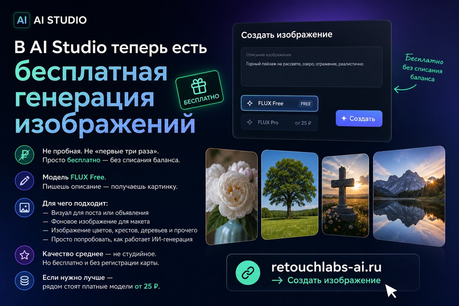 Бесплатная генерация изображений нейросетью FLUX Free в AI Studio
