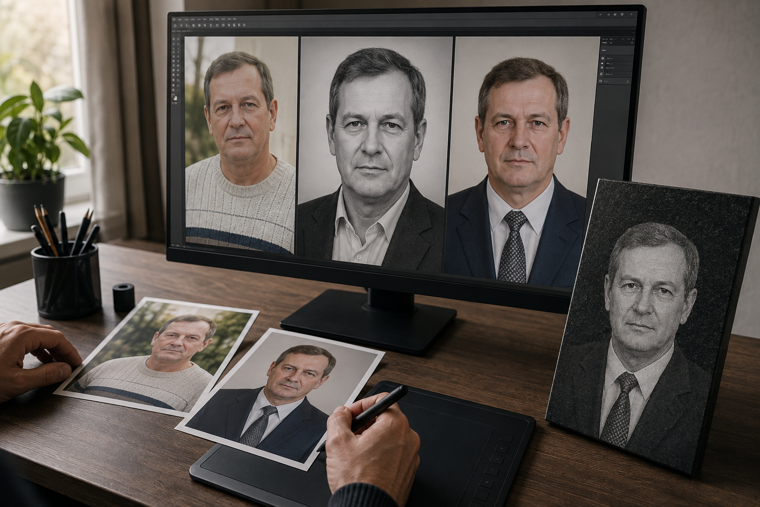 Ретушёр собирает портрет одного человека из двух фотографий и сравнивает результат с пробой на чёрном граните
