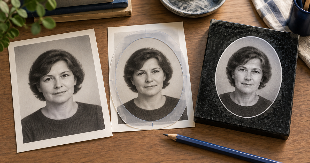 Бумажная портретная фотография, овальный шаблон кадрирования и готовый овальный портрет на образце чёрного гранита