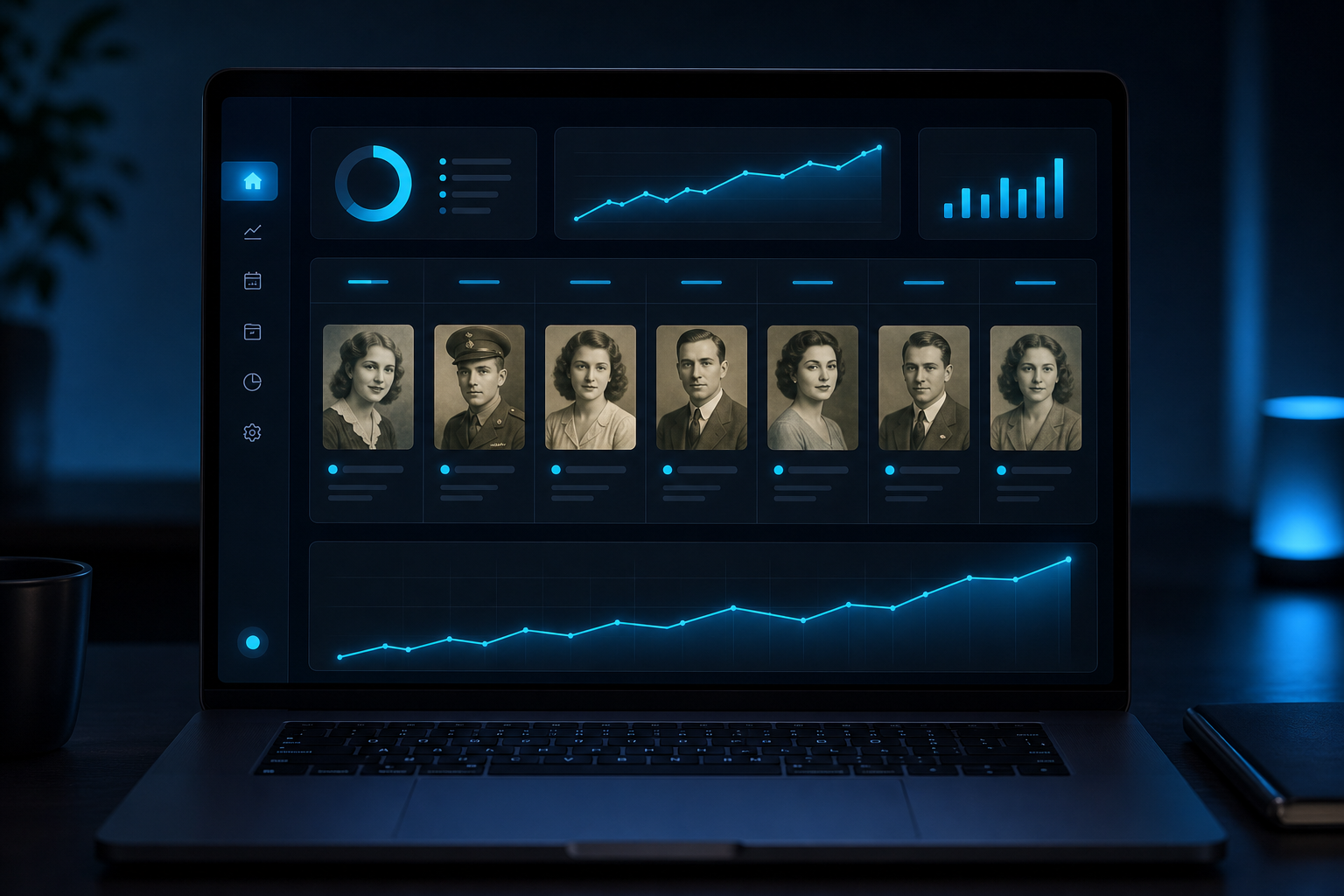 Контент план AI Studio — ИИ-панель с планом публикаций на неделю и отреставрированными портретами