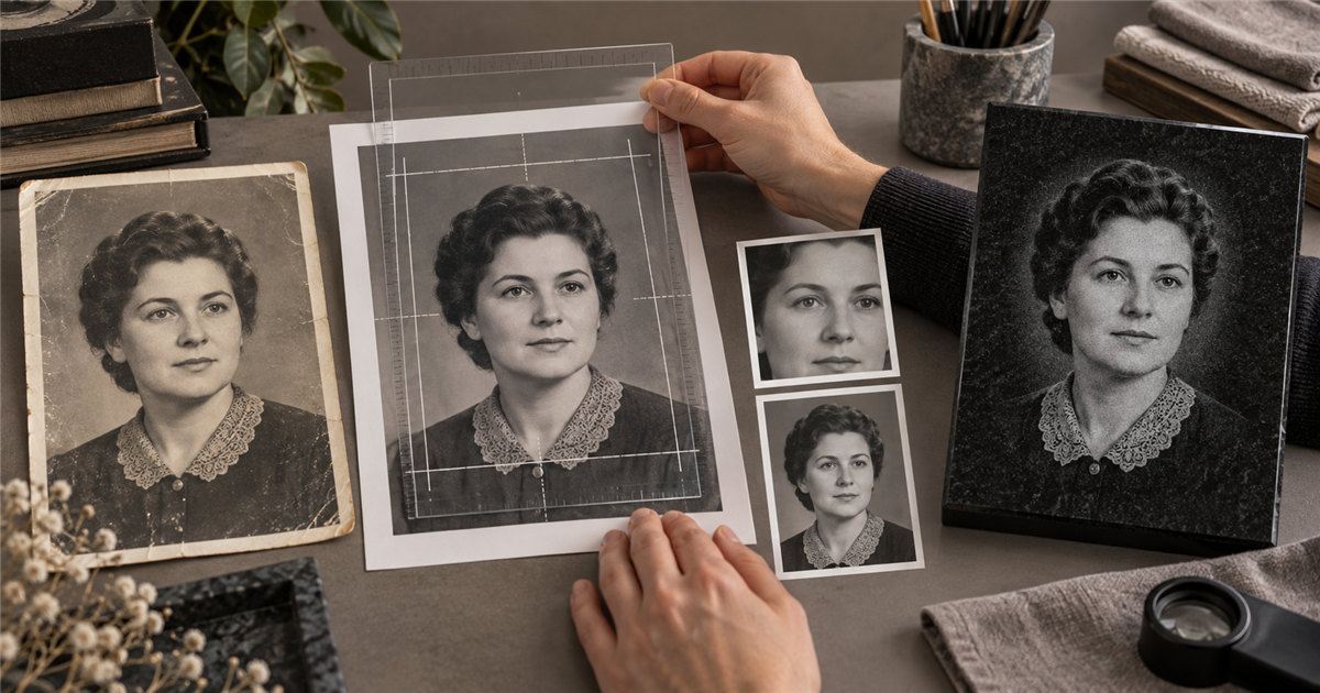 Ретушёр выбирает границы кадра на старой портретной фотографии рядом с вариантами кадрирования и образцом чёрного гранита