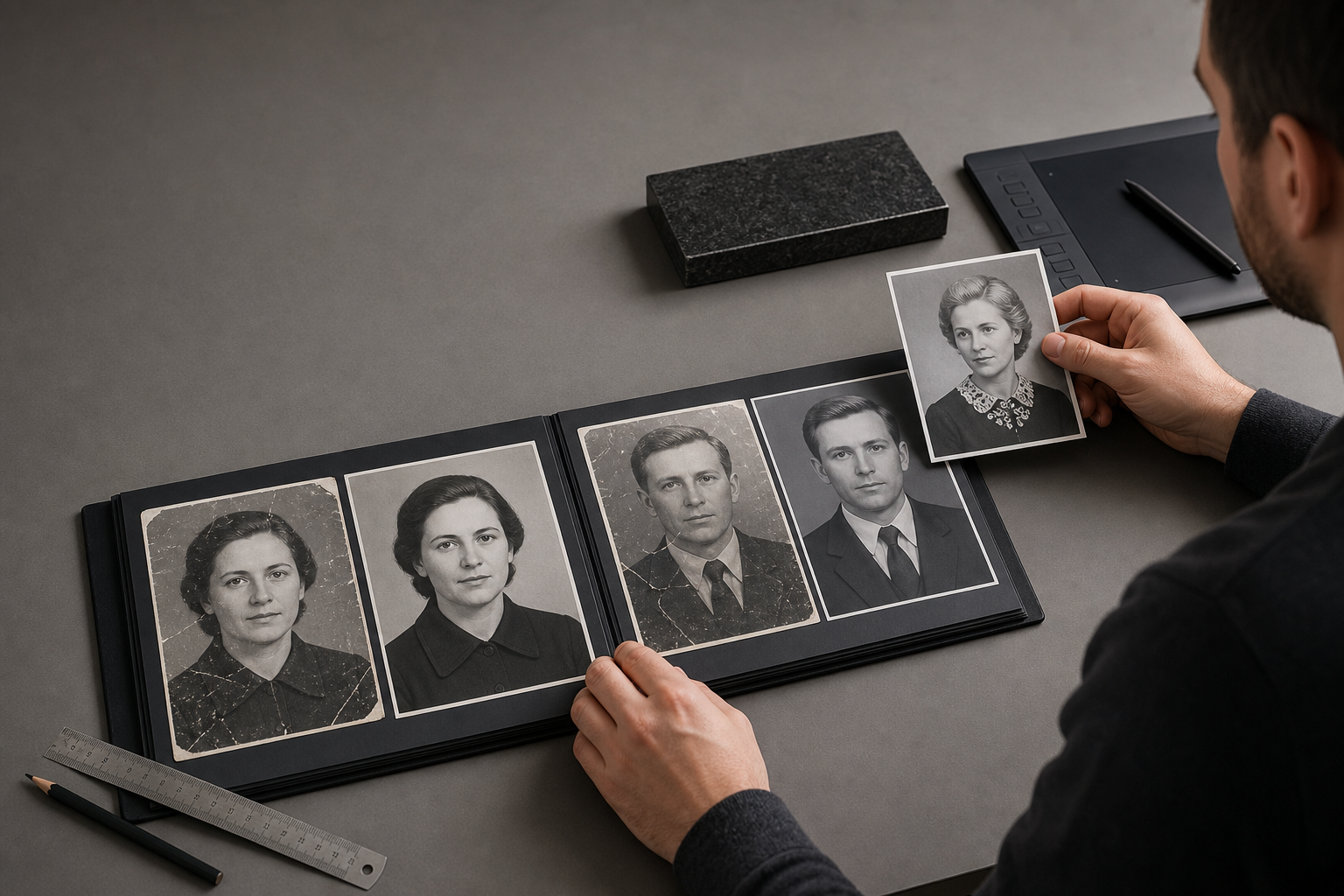 Ретушёр собирает портфолио из отпечатков фотографий и примеров до и после обработки