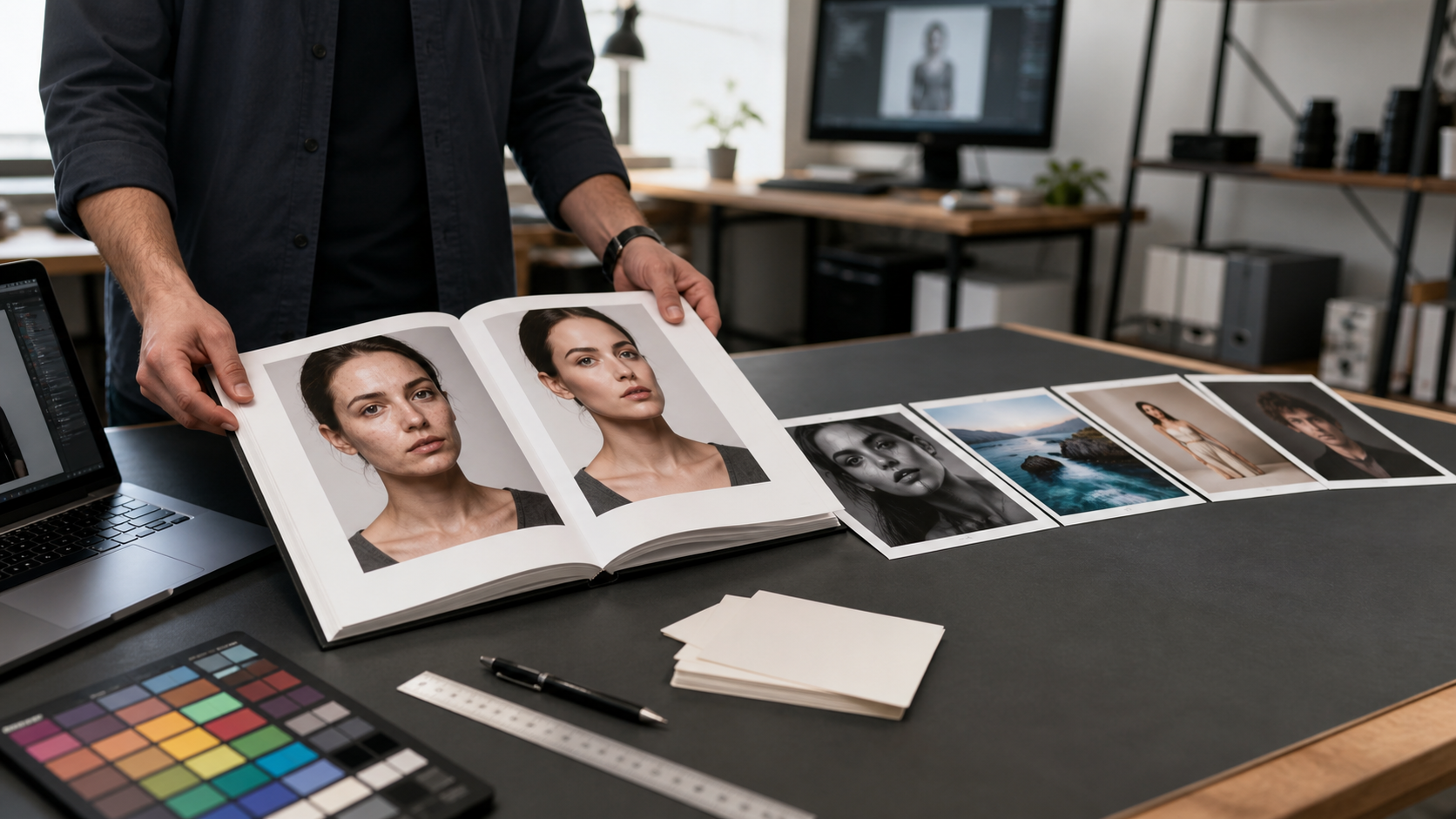 Ретушёр собирает портфолио из отпечатков фотографий и примеров до и после обработки