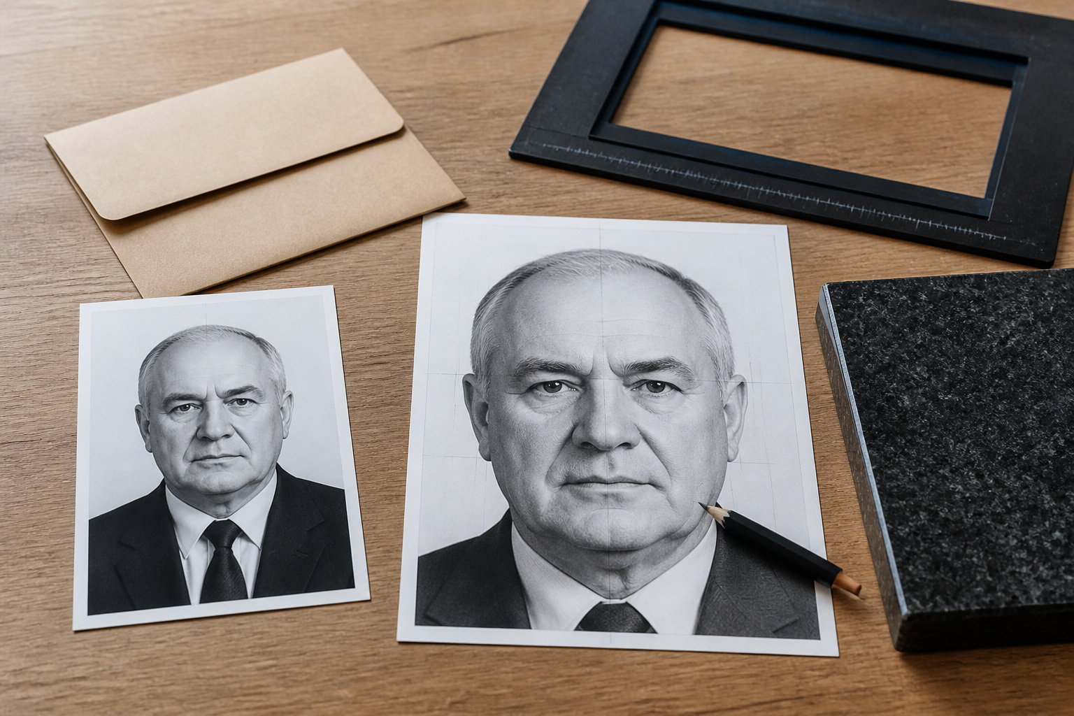 Документальный портрет без читаемых данных, увеличенная копия с разметкой и конверт для оригинала на столе ретушёра