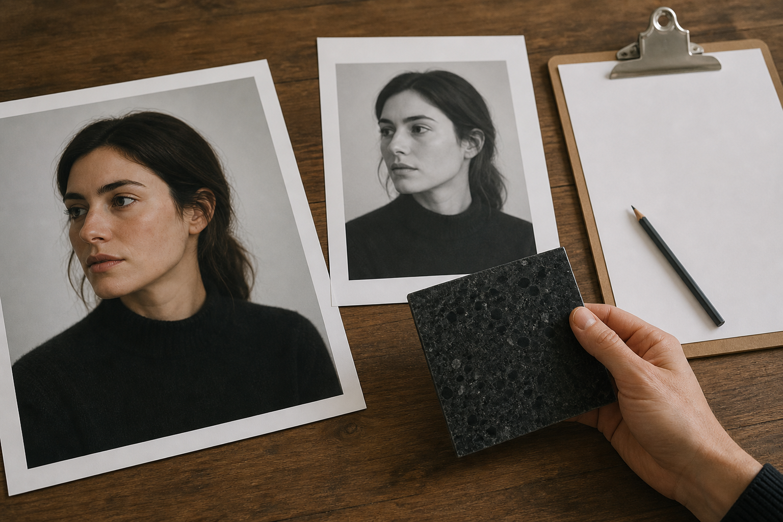 Ретушёр сравнивает исходную фотографию, список работ и финальный proof рядом с образцом гранита