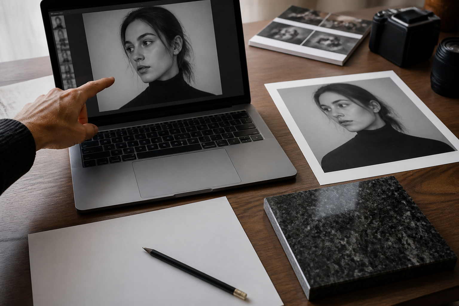 Ноутбук с макетом портрета, исходная фотография и образец гранита на столе во время дистанционного согласования