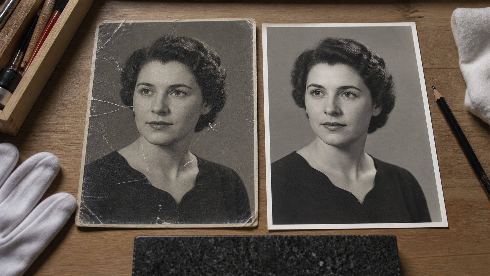 Старая фотография с царапинами рядом с чистым восстановленным отпечатком и образцом портрета на граните
