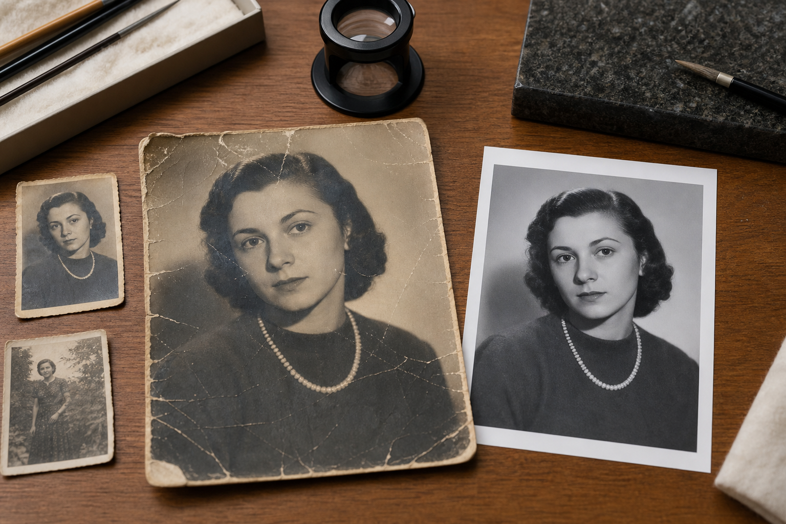 Старая повреждённая фотография и дополнительные снимки лежат рядом с восстановленным proof на столе ретушёра